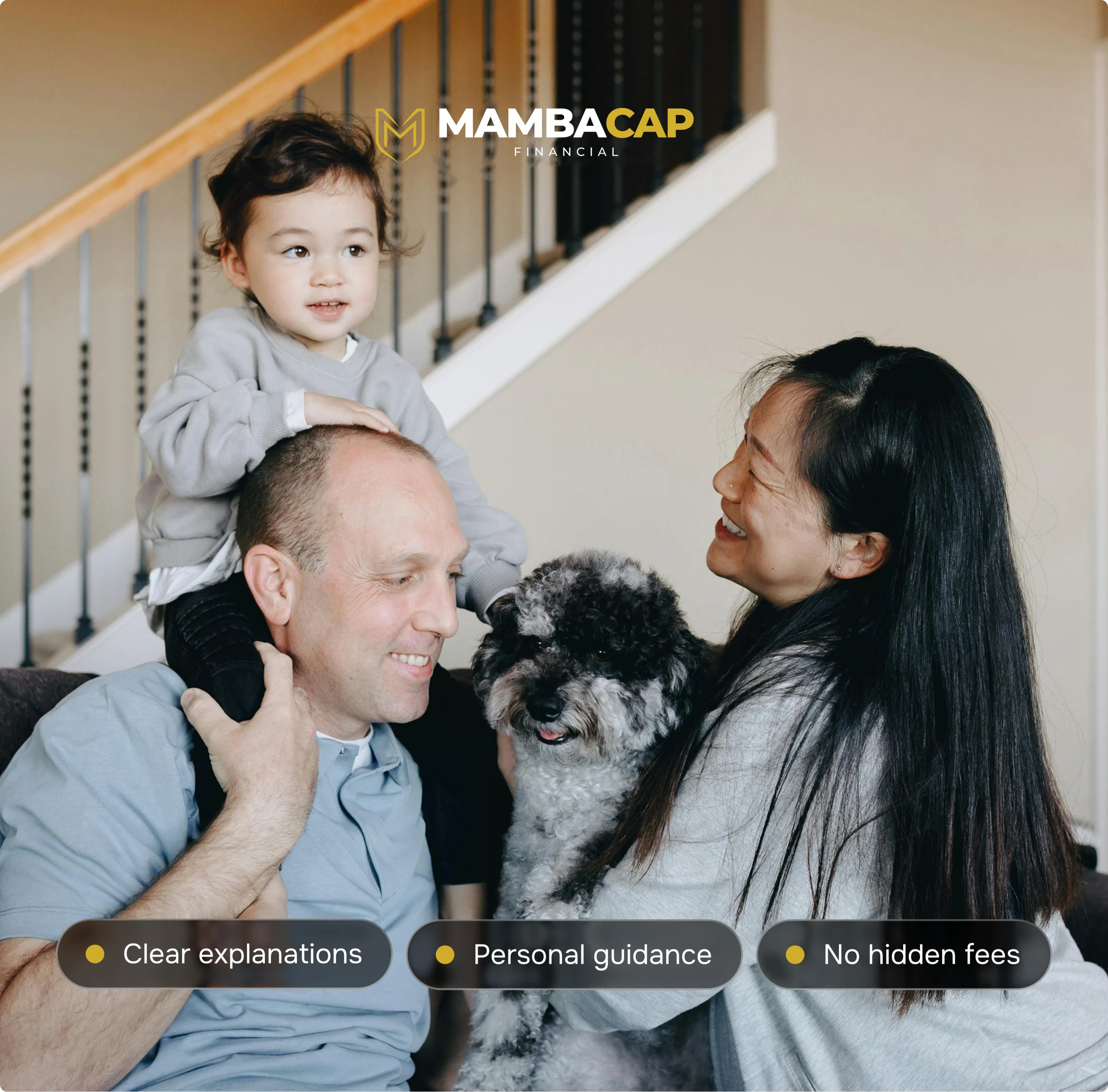A family at home with their dog, under the MambaCap Financial logo